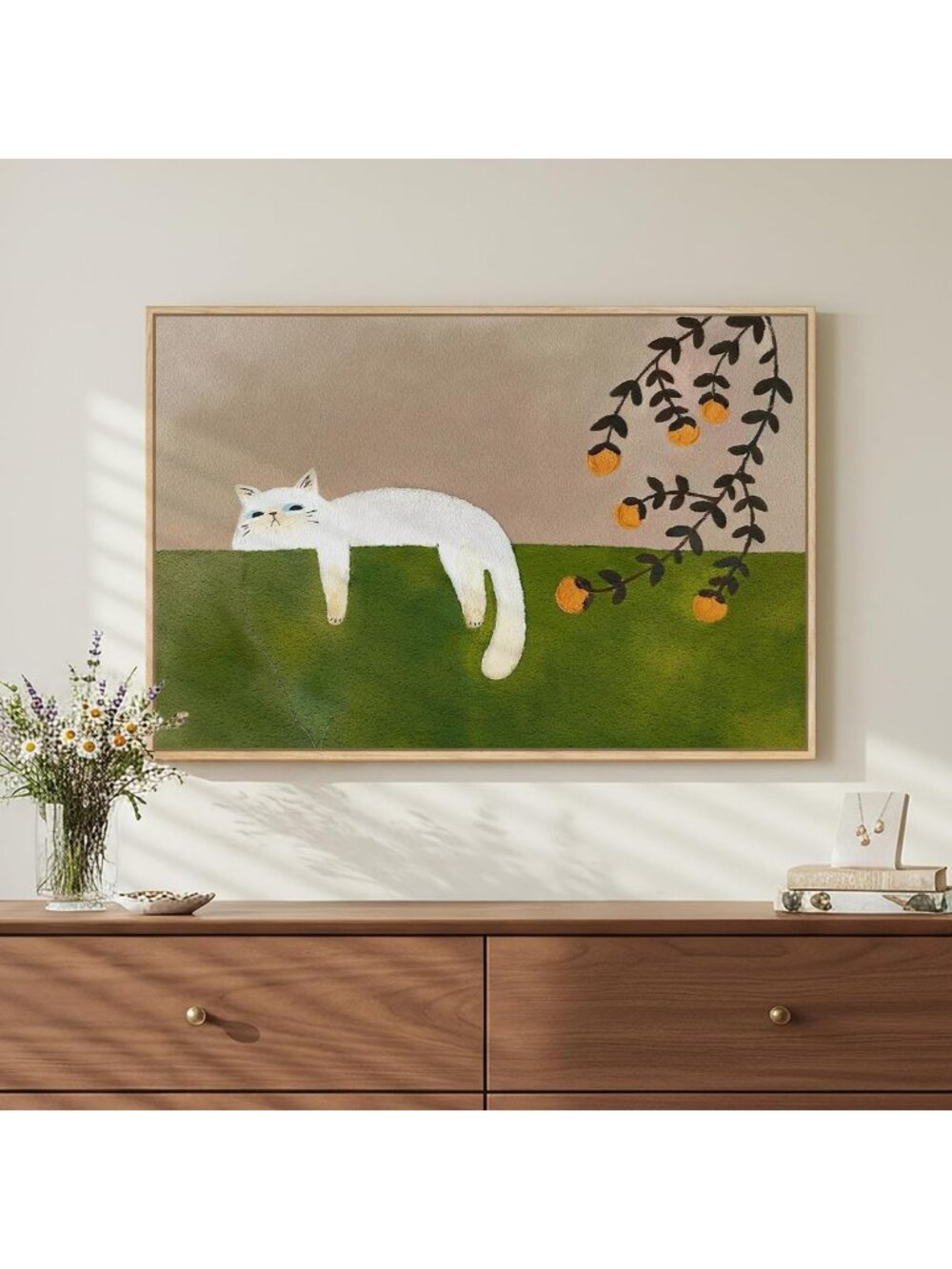 Cozy Large Cat Canvas Wall Art - Neutral Green Framed Decor for Bedroom, 24x36
